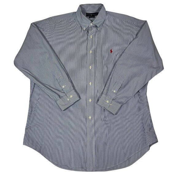Ralph Lauren Mens Blue White Striped Yarmouth Casual Button Down Shirt Size 16 - Picture 1 of 12